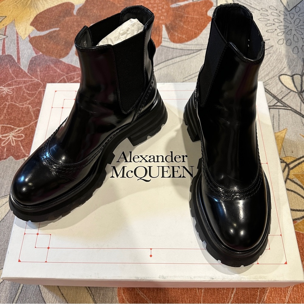 Alexander McQueen black patent leather Chelsea boots